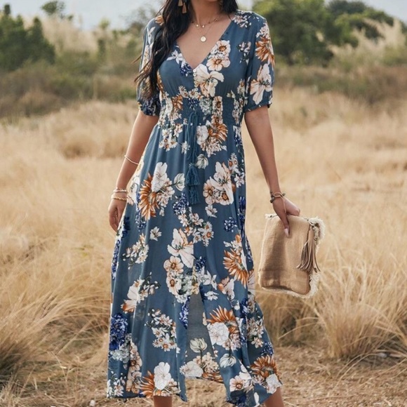 boho floral print v neck slit black midi dress - Picture 5 of 11